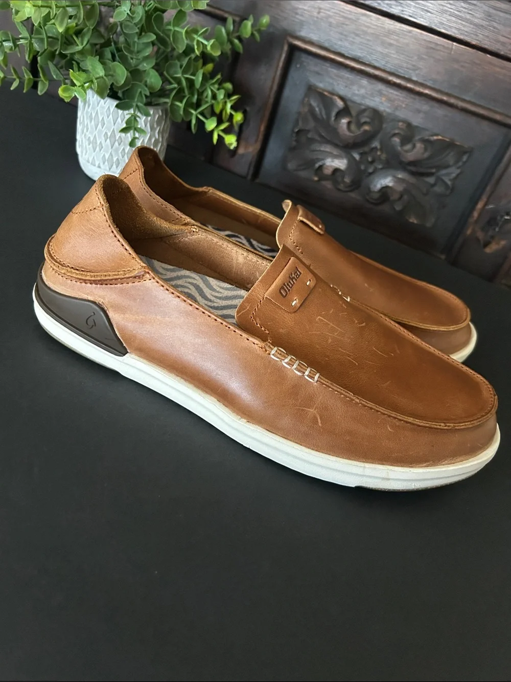 Olukai Men's Brown Leather Slip-On Shoes